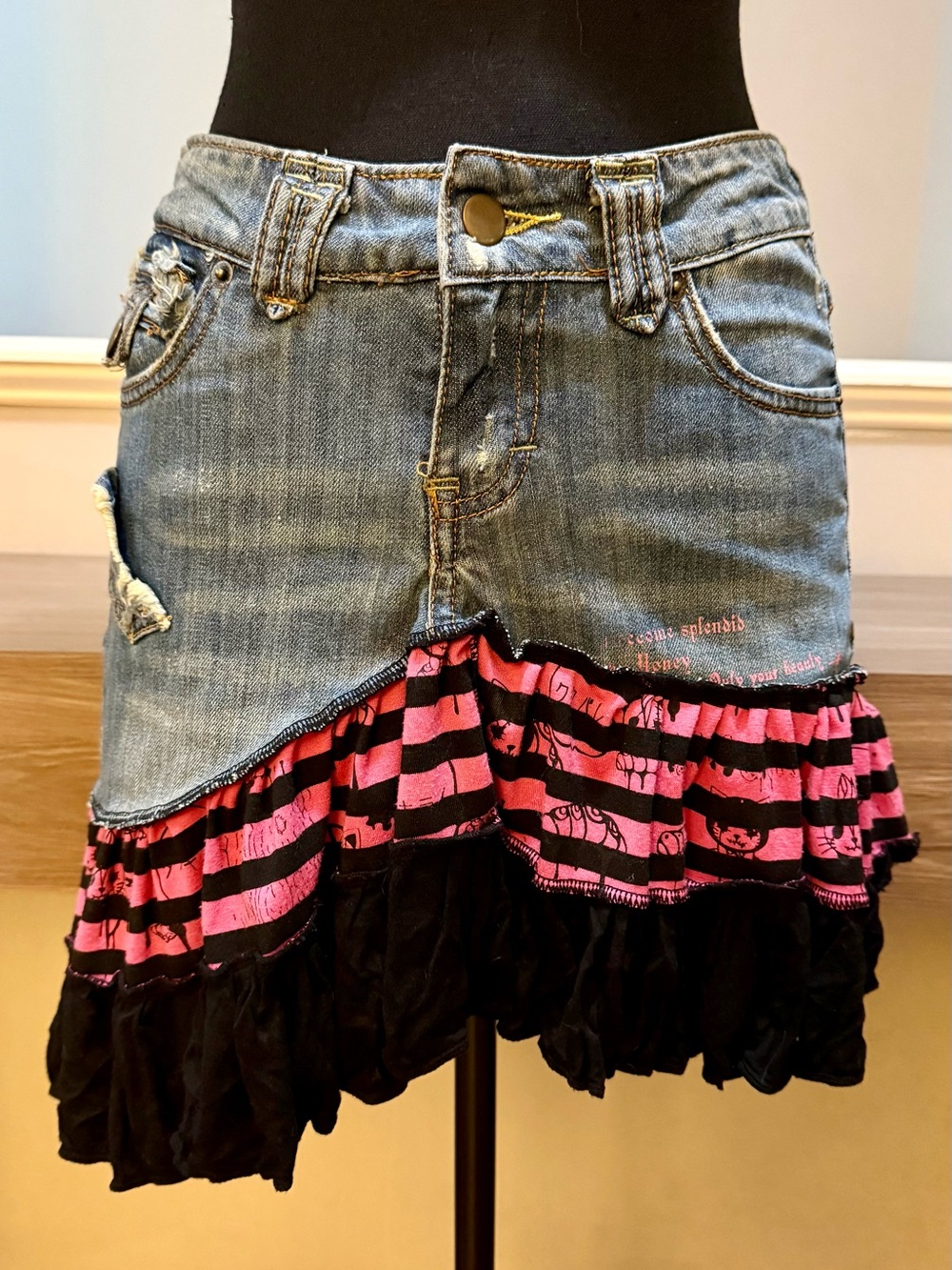 VTG h.NAOTO Hangry & Angry Denim Mini Skirt Pink Striped Ruffle J-Fashion Punk